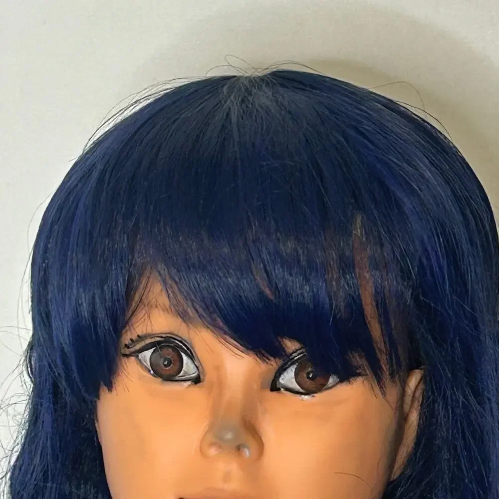 Heat Resistant Navy Blue Wavy Cosplay Wig with Bangs Adjustable Adult Cap